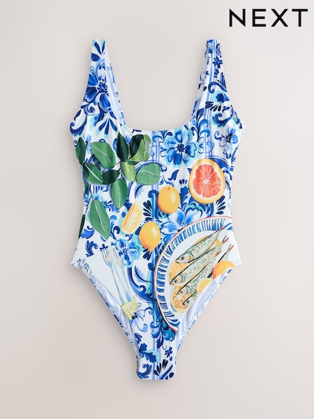 Blue/White Porcelain Sardine Print - Tummy Control Scoop Swimsuit (W62599) | ‏189 ر.ق.