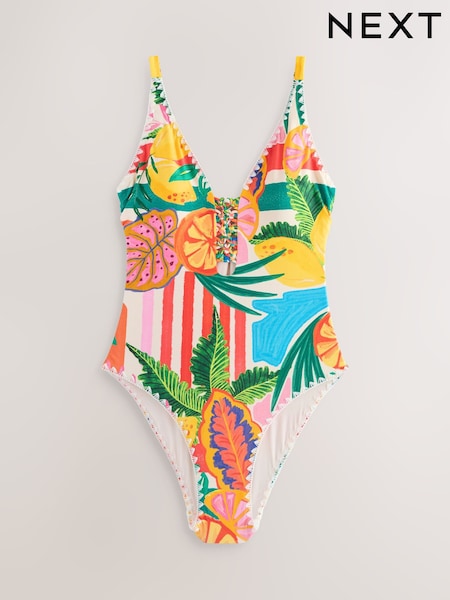 أحمر/أخضر - Macrame Whipstitch Plunge Tummy Control Swimsuit (W62600) | ‏198 ر.ق.