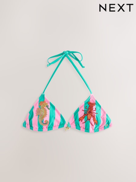 ピンク / グリーン ストライプ - Beaded Embellished Triangle Bikini Top (W62625) | ¥ 5,940