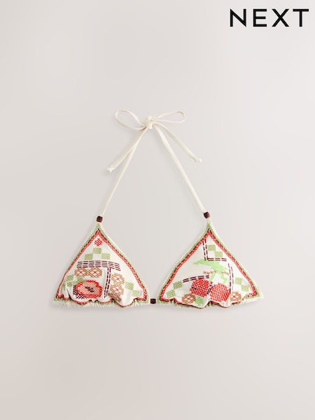 Cream Cherry Crosshatch Embroidered Triangle Bikini Top (W62636) | €41.50