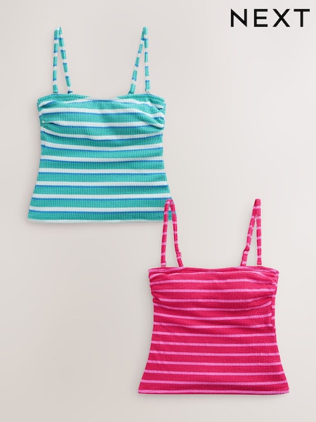 Pink/Aqua White Crinkle Stripe Pull On Bandeau Tankini Tops 2 Pack (W62668) | AED260