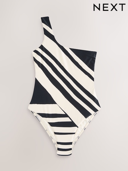 كريم/أسود مقلم - One Shoulder Tummy Control Swimsuit (W62679) | ‏184 ر.ق.