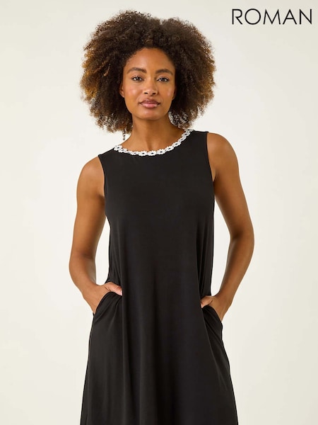 Roman Black Trim A-Line Stretch Dress (W62716) | R$ 385