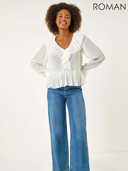 Roman White Frill Pleated Peplum Blouse (W62724) | AZN 98