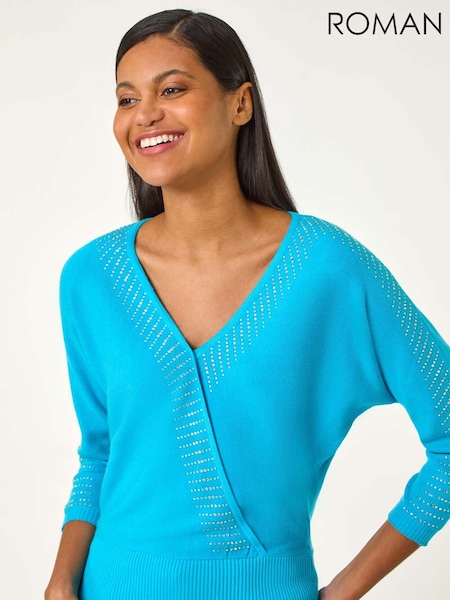 Azul - Roman Embellished Short Sleeve Jumper (W62730) | R$ 435