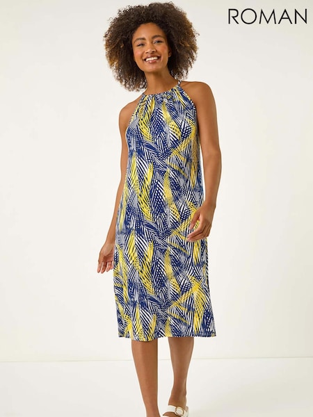 Roman Gathered Palm Print Swing Stretch Dress (W62731) | €46
