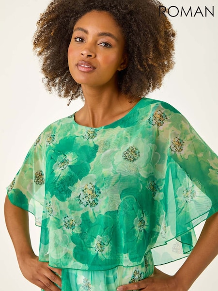 Roman Green Floral Print Mesh Overlay Blouse (W62737) | €40