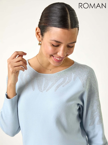 כחול  - Roman Embellished Neck Knit Jumper (W62751) | ‏239‏₪