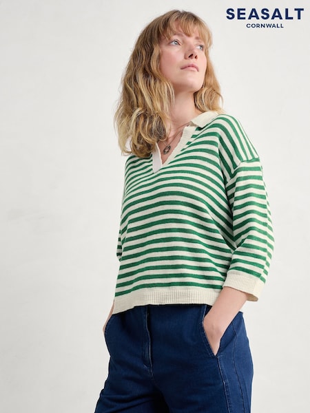 ירוק - Seasalt Cornwall Gwynver Lightweight V-Neck Collared Jumper (W62798) | ‏352‏₪