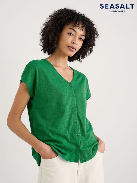 Verde - Seasalt Cornwall Studio Glass V-Neck Jersey 100% Cotton T-shirt (W62822) | 223 LEI