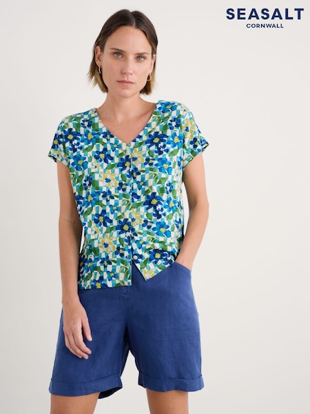 Seasalt Cornwall Sky Blue Studio Glass V-Neck Jersey 100% Cotton T-shirt (W62827) | €45