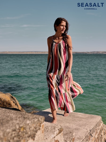 Seasalt Cornwall Orange Petite Multi Alba Above Ankle Tiered Dress (W62834) | €96