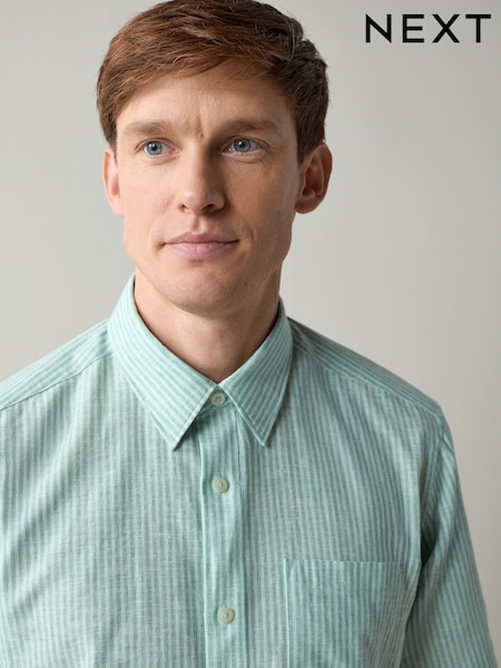 Green Regular Fit Linen Rich Stripe Short Sleeve Trimmed Shirt (W62846) | SGD 62