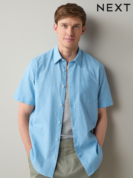 Light Blue Regular Fit Linen Rich Stripe Short Sleeve Trimmed Shirt (W62847) | OMR20