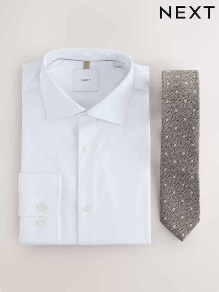 White/Neutral Polka Dot Slim Fit Cotton Blend Smart Shirt, Tie and Pocket Square Set (W62932) | KM 89