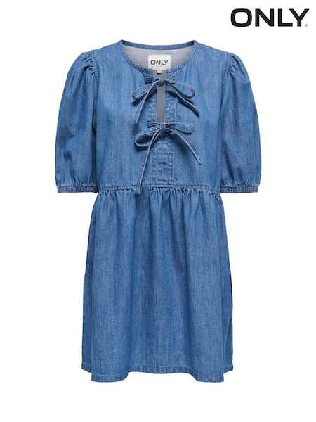 ONLY Blue Denim Tie Front Puff Sleeve Dress (W63030) | € 66