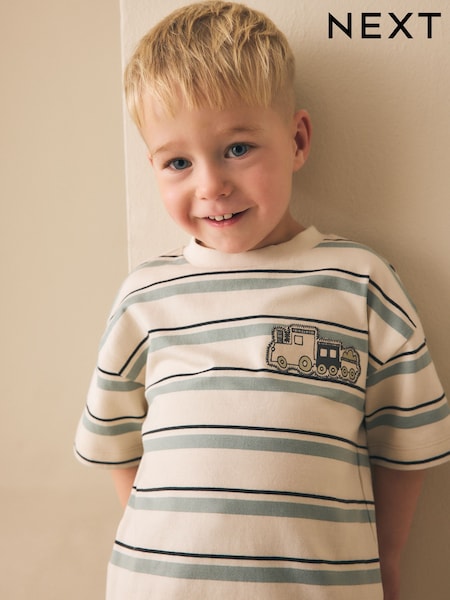 Blue/Ecru Train Short Sleeve Stripe T-Shirt (3mths-7yrs) (3mths-7yrs) (W63043) | LEI 45 - LEI 60