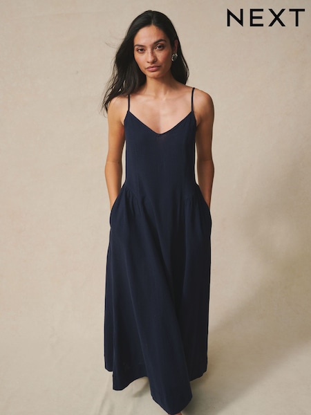 Navy Blue Strappy Cami Midi Dress with Linen (W63186) | $88
