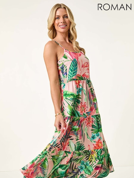 Roman Pink Petite Tropical Strappy Tiered Dress (W63193) | AZN 147