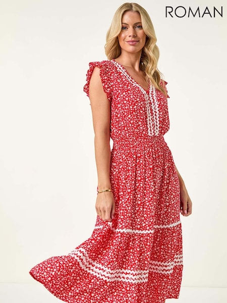 אדום - Roman Petite Floral Print Ric Rac Midi Dress (W63206) | ‏346‏₪