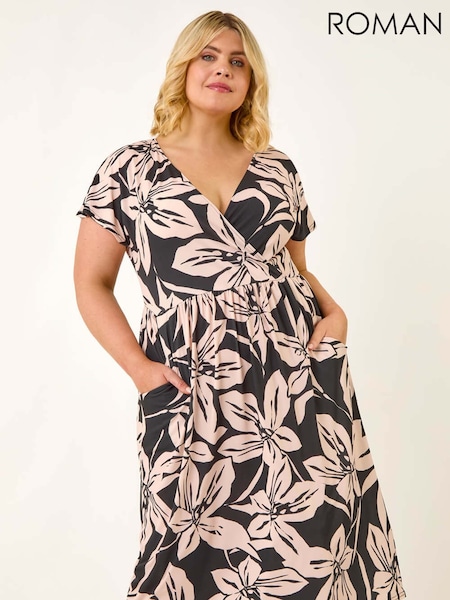 Roman Curve Floral Print Stretch Wrap Dress (W63211) | R$ 545