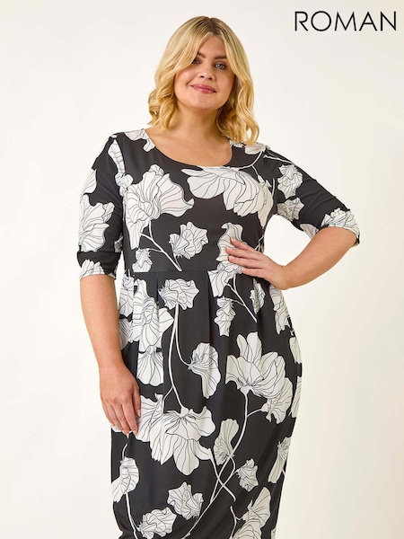 Roman Black Curve Floral Print Pocket Dress (W63213) | R$ 545