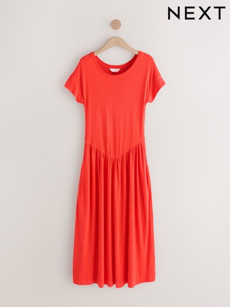 Red Jersey T-Shirt Dress With Linen (W63519) | AED122