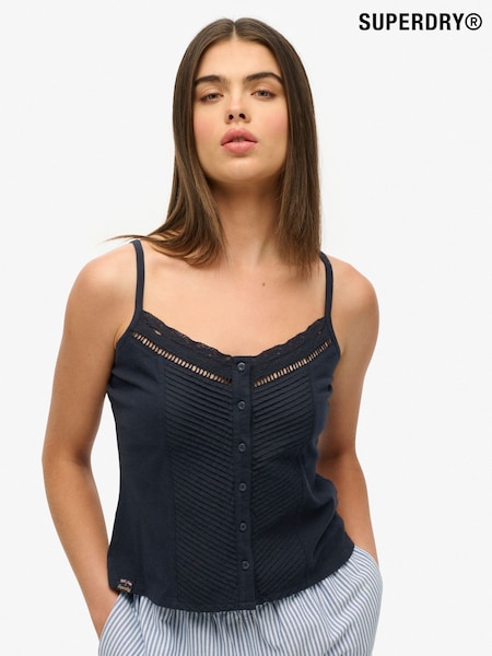 Superdry Blue Lace Button Through 100% Cotton Cami Top (W63524) | AZN 63