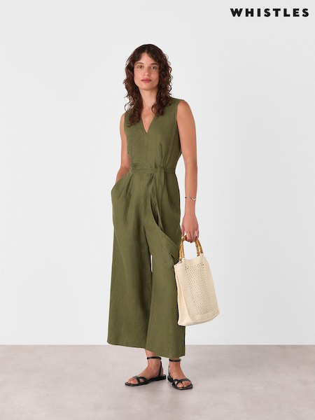 Whistles Green Petite Belted Seamed 100% Cotton Jumpsuit (W63574) | €190