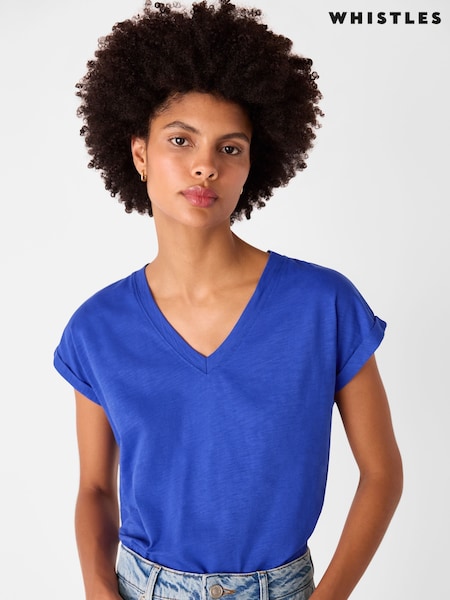 Whistles Blue 100% Cotton Willa V-Neck Cap Sleeve T-Shirt (W63575) | ₪176