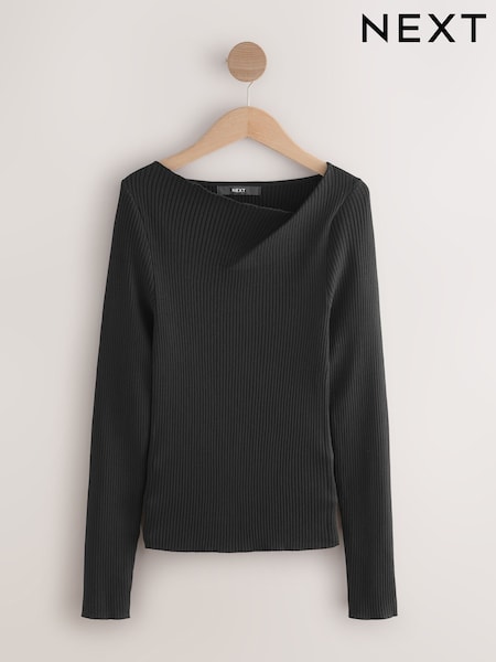 Black Ribbed Asymmetric Neckline Knitted Top (W63717) | €30