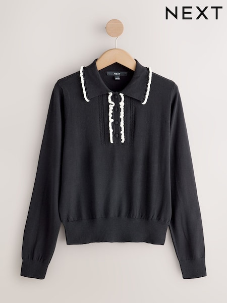 Black Tipped Soft Touch Cotton Rich Frill Polo Top (W63722) | 118 QAR