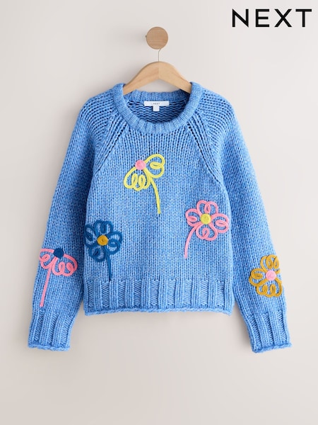Bright Blue Floral Chunky Knit Crew Neck Jumper With Wool (W63744) | 255 QAR
