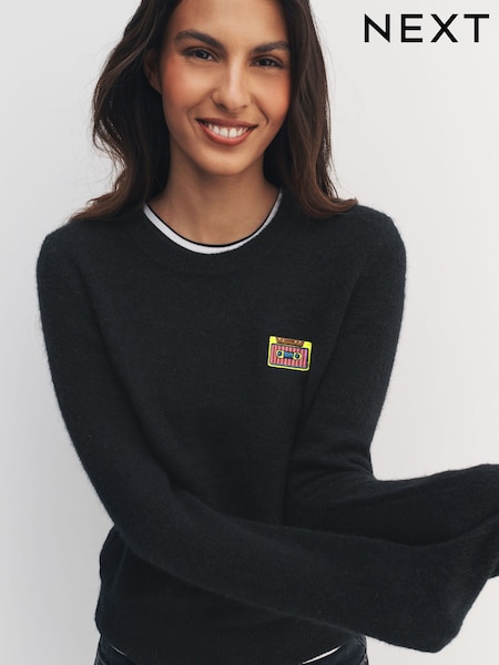 Black Music Cassette Embroidered Crew Neck Wool Blend Jumper (W63747) | €44