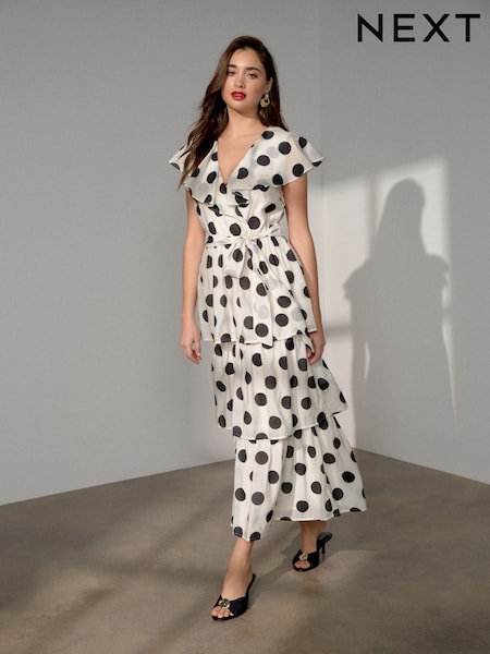 Ecru/Black Polka Dot - Occasion Ruffle V-neck Midi Dress