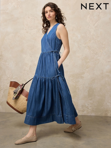 Mid Blue - Denim Tiered Maxi Wrap Dress