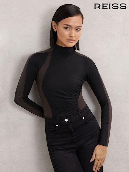 Reiss Black/Chocolate Brown Jessie Stretch-Lyocell Panel Ruched Bodysuit (W63991) | €116