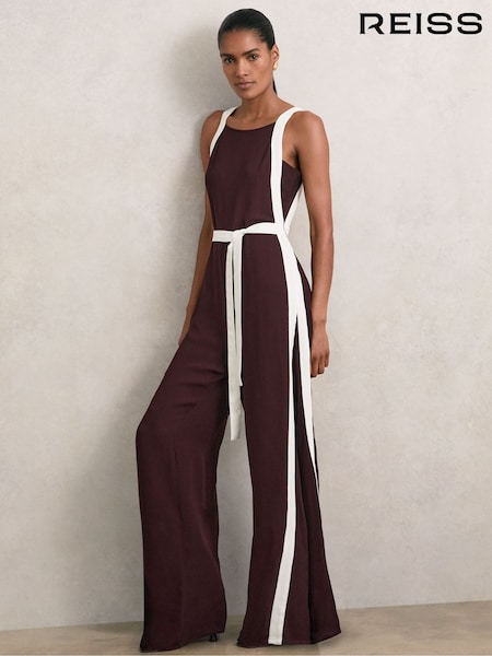 Reiss Burgundy/Cream Salma Colour-Block Wide-Leg Belted Jumpsuit (W63999) | €385