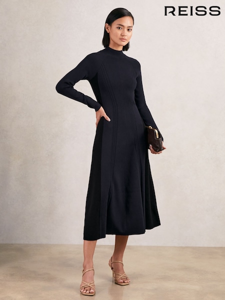 Reiss Navy/Black Zaya Petite Knitted Contrast-Panel Midi Dress (W64003) | AED1,296