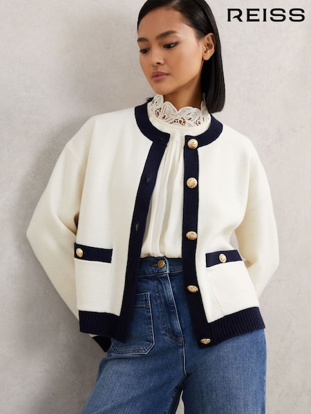 Reiss Cream/Navy Olive Wool-Cashmere Crew-Neck Cardigan (W64007) | AED1,138