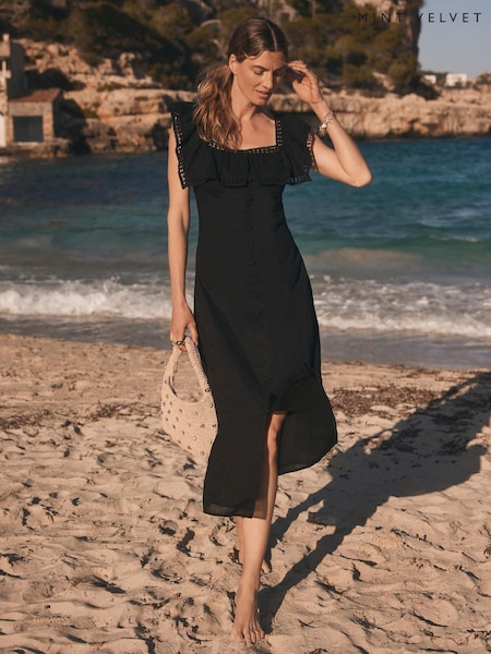 Mint Velvet Black Poet Collar Midi Dress (W64061) | €179