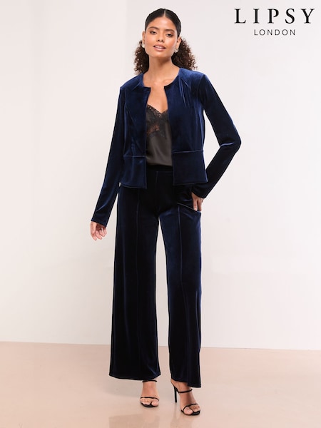 Lipsy Navy Velvet Cropped Collarless Blazer (W64244) | €49.50