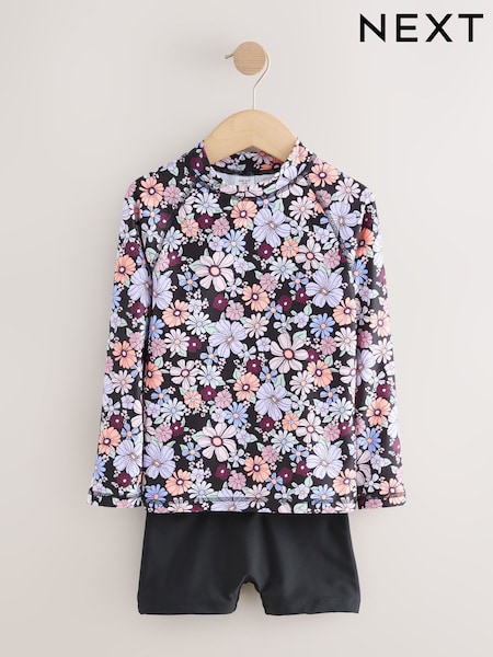 Black Floral Long Sleeve Sunsafe Rash Vest And Shorts Set (3-16yrs) (W64313) | OMR9 - OMR12