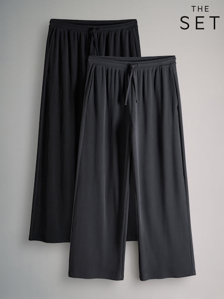 The Set 2 Pack Soft Touch Ribbed Wide Leg Jogger Balck/Charcoal Grey (W64341) | SGD 58