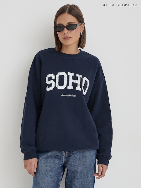 4th & Reckless Blue Distressed Soho Slogan Classic Longline Sweatshirt (W64391) | €58
