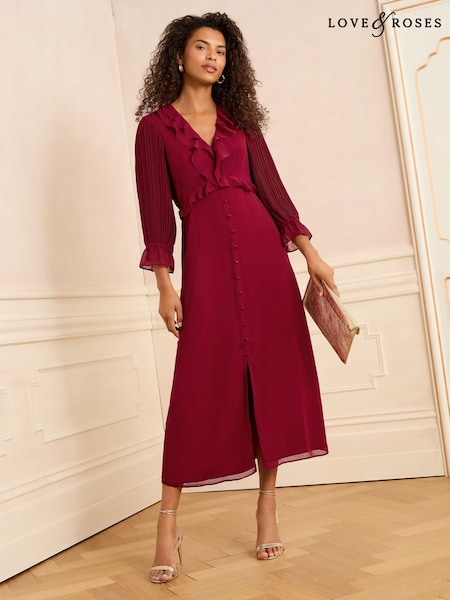 Love & Roses Red Petite Pleated Ruffle Midi Dress (W64820) | 341 QAR
