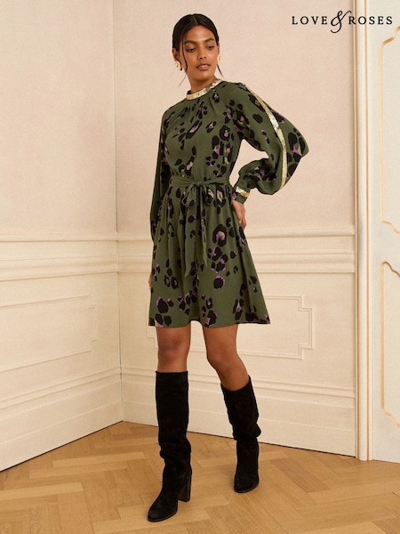 Love & Roses Olive Animal Sequin Trim Mini Dress (W64821) | €88