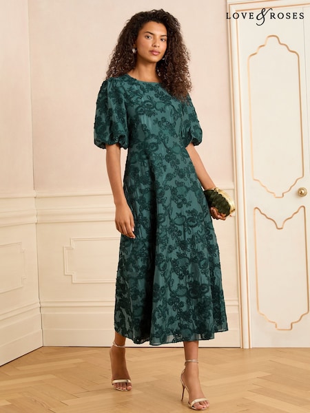 Love & Roses Teal Blue Textured Puff Sleeve Crew Neck Midi Dress (W64827) | €170