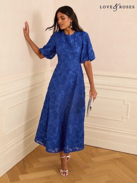 Love & Roses Teal Blue Petite Textured Puff Sleeve Crew Neck Midi Dress (W64828) | €170