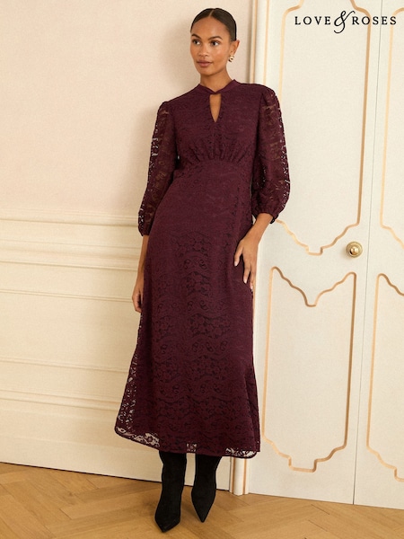 Love & Roses Burgundy Red Lace High Neck Midi Dress (W64829) | 341 QAR